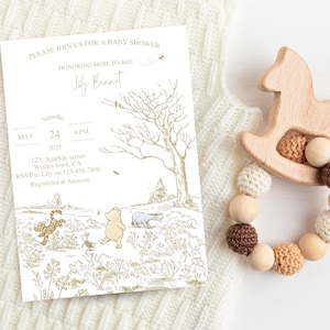 Classic Winnie the pooh baby shower invite, winnie the pooh invite, beige winnie the pooh invite, editable template, printable invite