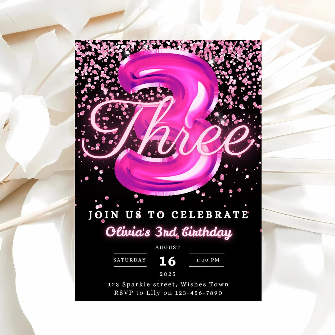 Pink Glitter 3rd Birthday Invitation, Rainbow Foil (editable, Printable ...