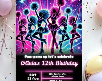 Neon Cheerleading Birthday Invitation | Cheer Squad Party Invite | Editable Printable Template for Girls