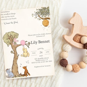 Klassieke Winnie de Poeh-babyshower, winnie de Poeh-babyshower, winnie de Poeh-babyshower, bewerkbare sjabloon, afdrukbare uitnodiging
