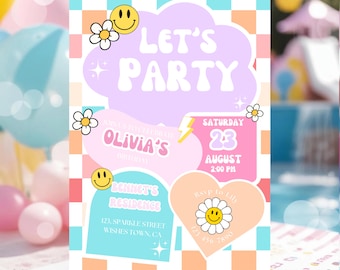 Checkered Smiley Face Birthday Invitation | Retro Groovy Emoji Theme | Editable Printable Template