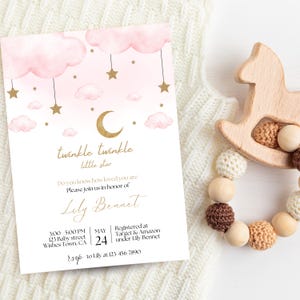 Stars And Moon Baby Shower Invitation, Celestial Baby Shower Invite, Boho Baby Shower, Pink And Gold Baby Shower, Editable Template