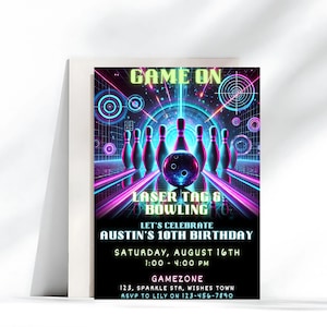 Laser Tag Bowling Birthday Invitation, Laser Tag Invite, Neon Bowling Party, Arcade Birthday, Gaming Party, Editable & Printable Invite