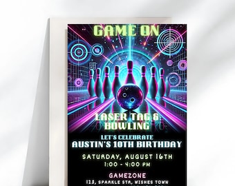 Laser tag bowling birthday invitation | neon arcade theme | editable digital printable party template