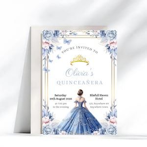 Elegant Blue Floral Quinceañera Invitation Template | Personalized 15th Birthday Invite for Girls | Instant Download | Editable & Printable