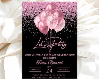 Pink and Black Birthday Invitation, Glitter Balloons Party Invite, Editable Digital Template