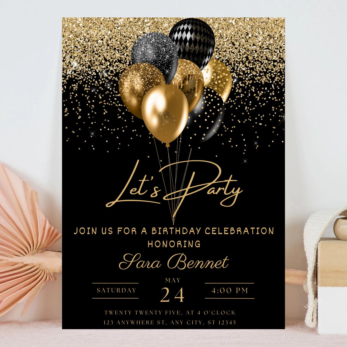 Editable Gold and Black Birthday Invitation, Let's Party Gold Balloons ...