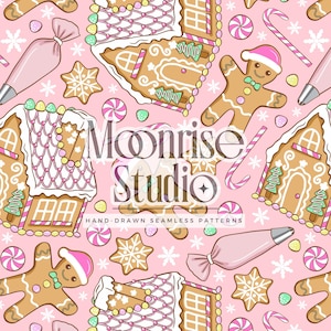 May include: A seamless pattern featuring gingerbread houses, gingerbread men, snowflakes, candy canes, and icing bags on a pink background. The design includes various gingerbread cookies with white icing and colorful accents. The text "Moonrise Studio" is visible.