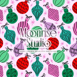 Seamless Holiday Pattern for Personal & Small Business Use // Retro Mid Century Vintage Christmas Ornaments with Ribbon Bows // Hand Drawn
