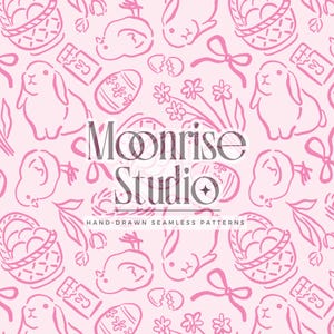 May include: A pink seamless pattern featuring hand-drawn Easter-themed illustrations. The design includes bunnies, chicks, Easter eggs, baskets, bows, and flowers. The text "Moonrise Studio" and "Hand-Drawn Seamless Patterns" are also visible.