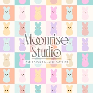 Peut inclure: Un motif répétitif de lapins aux couleurs pastel dans une grille. Les lapins sont dans des tons de bleu, rose, jaune et violet, sur un fond crème. Le texte "Moonrise Studio" et "HAND-DRAWN SEAMLESS PATTERNS" sont également visibles.