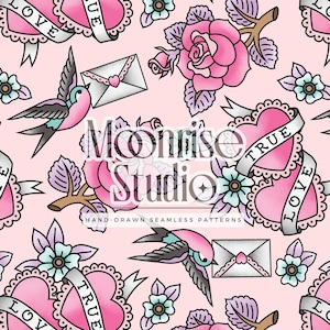 May include: A pink seamless pattern with classic tattoo motifs. The design includes pink hearts with "LOVE" and "TRUE" banners, roses, swallows, envelopes, and small flowers. The text "Moonrise Studio" is also present.