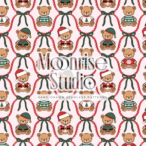 May include: A seamless pattern on a light pink background featuring brown teddy bears wearing Christmas sweaters, Santa hats, or elf outfits, arranged within a grid of red scalloped lines and dark green bows. Text reads Moonrise Studio.