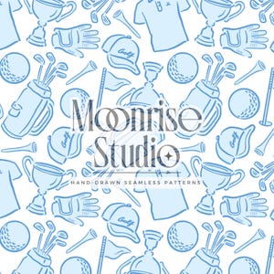 May include: A seamless pattern featuring light blue golf-themed illustrations on a white background. The design includes golf balls, clubs, tees, gloves, hats, trophies, and polo shirts. The text "Moonrise Studio" and "Hand-Drawn Seamless Patterns" are also present.