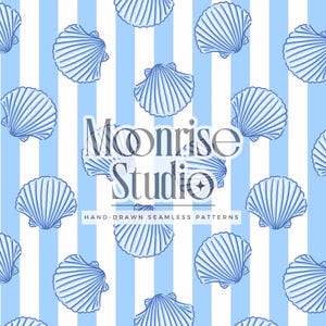 May include: A seamless pattern featuring blue seashells on a light blue and white striped background. The text "Moonrise Studio" and "Hand-Drawn Seamless Patterns" are visible. This design is suitable for various applications, including fabric and wallpaper.