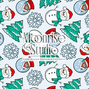 Seamless Holiday Pattern for Personal & Small Business Use // Tossed Snowmen, Snowglobes, Snowflakes and Christmas Trees // Hand Drawn