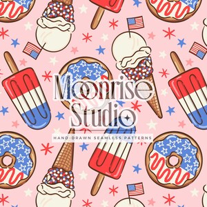 May include: A repeating pattern of American-themed treats on a pink backdrop. The design includes ice cream cones, ice lollies, and doughnuts, all decorated in red, white, and blue with star motifs. The text "Moonrise Studio" is also visible.