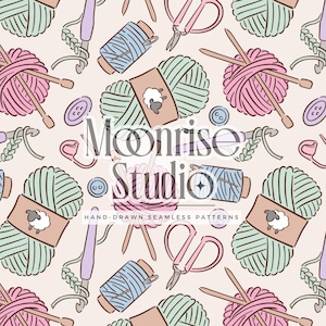 May include: Seamless pattern featuring hand-drawn illustrations of knitting and crochet supplies. The design includes balls of yarn in pastel colors, knitting needles, crochet hooks, scissors, buttons, and spools of thread. The text "Moonrise Studio" and "HAND-DRAWN SEAMLESS PATTERNS" are also visible.