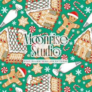 May include: A festive seamless pattern featuring gingerbread houses, gingerbread men, candy canes, snowflakes, and icing bags on a green background. The design includes red, white, and brown elements, perfect for holiday-themed products.
