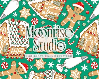 Nahtloses Feiertagsmuster für den persönlichen und kleinen geschäftlichen Gebrauch // Weihnachtsbäckerei // Lebkuchenplätzchen und Feiertags-Süßigkeitsgrün // Hand gezeichnet