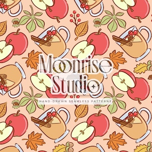 May include: Seamless pattern featuring apples, apple slices, fall leaves, and mugs of spiced cider with cinnamon sticks. The text "Moonrise Studio" and "Hand-Drawn Seamless Patterns" are also visible. The color palette includes shades of red, orange, and beige.