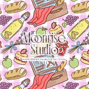 May include: A repeating pattern with picnic-themed illustrations, including sandwiches, grapes, and lemonade bottles. A picnic basket with a red blanket, cake slices, apples, and lavender are also featured. The background is a pink and white check, with "Moonrise Studio" text.