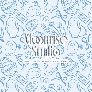 May include: A light blue seamless pattern featuring hand-drawn illustrations of Easter bunnies, eggs, baskets, bows, and flowers. The pattern includes the text "Moonrise Studio" and "HAND-DRAWN SEAMLESS PATTERNS".