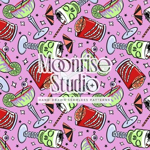 May include: Seamless pattern featuring cartoon cocktails and drinks with a spooky theme. The design includes margarita glasses, skull-shaped drinks, and skeleton-themed cans, all set against a pink background with stars. The text "Moonrise Studio" is visible.