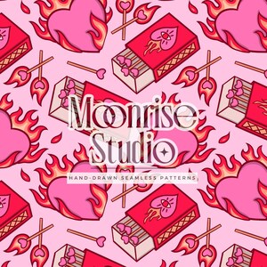 Seamless Valentines Pattern // Burning Love - Perfect Match Flaming Hearts // Personal & Small Business Use // Hand Drawn