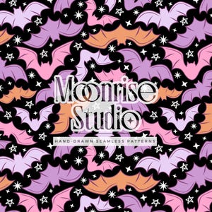 Modèle sans couture pour usage personnel et petite entreprise // Chauves-souris Halloween dessinées à la main avec des étoiles en lilas, rose, orange sur noir // Sublimation