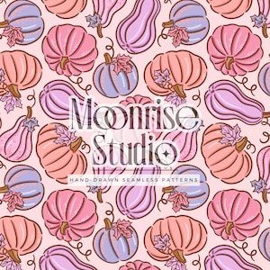May include: A seamless pattern featuring hand-drawn pumpkins in shades of pink, peach, and lavender on a light pink background. The pumpkins have green stems and leaves. The text "Moonrise Studio" is overlaid on the design.