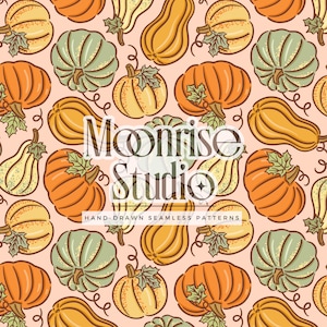 May include: A seamless pattern featuring various pumpkins and gourds in shades of orange, green, and yellow on a light peach background. The design includes the text "Moonrise Studio" and "Hand-Drawn Seamless Patterns".