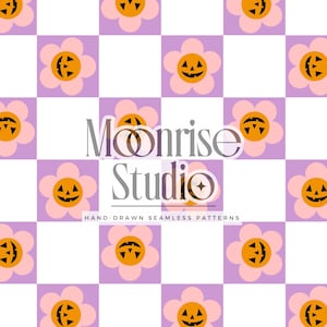 個人および中小企業向けシームレスパターン // レトロな彫刻が施されたカボチャとデイジーの花のハロウィンチェック // 無方向性昇華
