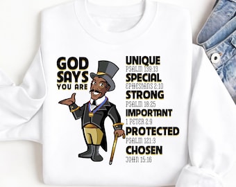 Dios dice que eres PNG, diseño de sublimación de afirmación cristiana del Rey Negro, camiseta inspiradora del Hombre de Dios PNG, descarga de motivación de fe