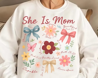 Christian Mom PNG | She Is Mom Bible Verse Design | Floral Bow Sublimation for Mother’s Day Shirt | Faith Mama Graphic