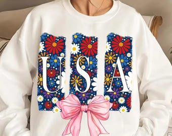 Coquette USA PNG, 4 luglio png, fiocco floreale patriottico, design per maglietta del Giorno dell'Indipendenza, sublimazione USA femminile, download immediato