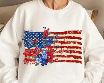 Floral American Flag PNG | 4th of July Sublimation Design | USA Patriotic Flowers Clipart | Vintage Red White Blue PNG for Shirts