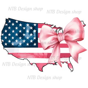 May include: An outline of the United States of America in the shape of a map with a pink bow on top. The map is filled with red and white stripes and blue stars, resembling the American flag. The bow is watercolour painted and has a soft, feminine look.