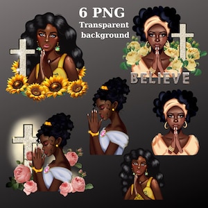 6 PNG schwarzes Mädchen beten, Afro spirituelle Kunst, christliche Clipart, schwarze Königin PNG, schwarze Mädchen Magie PNG, digitaler Download