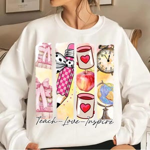 Insegna, ama, ispira. PNG, design a sublimazione per insegnante, globo con matita e caffè, grafica per maglietta per insegnante, regalo di ringraziamento per l'insegnante.