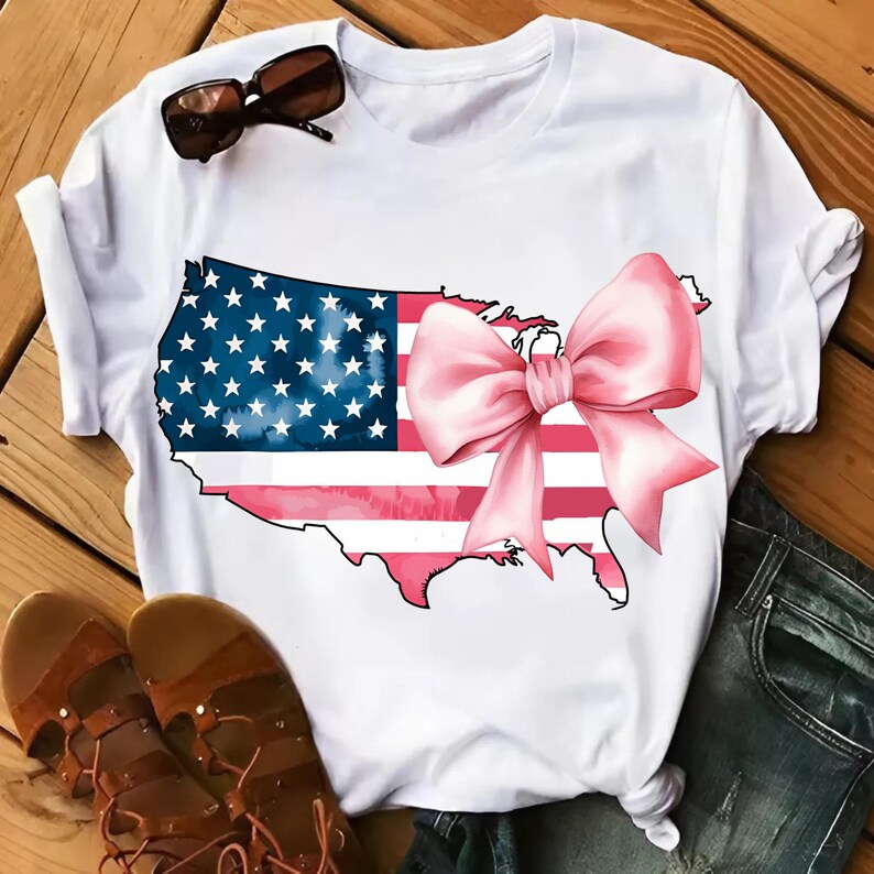 Coquette American Flag PNG | Distressed USA Map with Bow | Pink Patriotic Sublimation | 4th of July PNG for Shirt, Tumbler, Gifts image 3