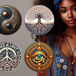 Peut inclure: Quatre motifs circulaires décoratifs ronds avec une femme portant une chemise à motifs bleus et rouges et un collier. Les motifs comprennent un symbole yin yang, un arbre avec des racines, un signe de paix avec des fleurs et un œil avec un cercle autour.