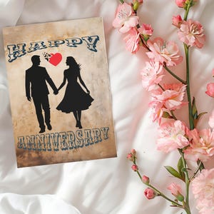 Tarjeta de feliz aniversario, aniversario de bodas imprimible, linda tarjeta de aniversario para pareja, moderna tarjeta ilustrada, descarga digital