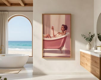 Woman in Bathtub Digital Download, Pink Bathroom Art, Feminine Printable, Cocktail Illustration