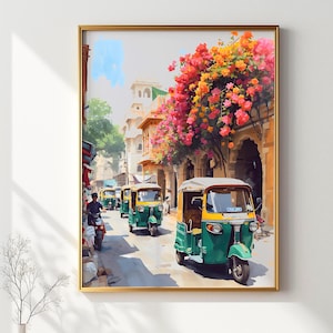 Lámina artística de rickshaw, decoración floral del sur de Asia para pared, póster de camión pakistaní, ilustración de automóvil indio, acuarela, decoración del hogar desi, descarga digital