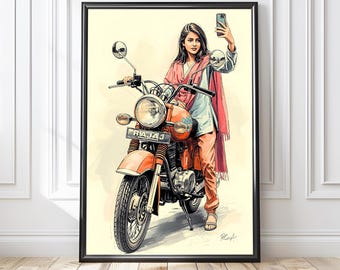 Indian Girl Scooter Selfie Art Print Desi Wall Art Digital Download Modern Indian Illustration Poster Aesthetic Home Decor