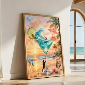 May include: A framed vertical wall art print featuring a large martini glass filled with ocean water and a wave. A surfer rides the wave inside the glass, garnished with a lime slice and olive. The background shows a sunset beach scene with palm trees.