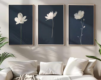 Set of 3 Boho White Flower Prints, Navy Botanical Art (Digital Download)