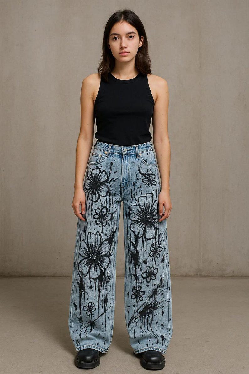K&ouml;nnte beinhalten: Ein schwarzes Tanktop kombiniert mit hellblauen Jeans mit gro&szlig;en, schwarzen Blumendesigns. Die Jeans haben einen weiten Beinverlauf und sind mit farb&auml;hnlichen Spritzern verziert, was einen einzigartigen, k&uuml;nstlerischen Look erzeugt. Schwarze Schuhe vervollst&auml;ndigen das Outfit.