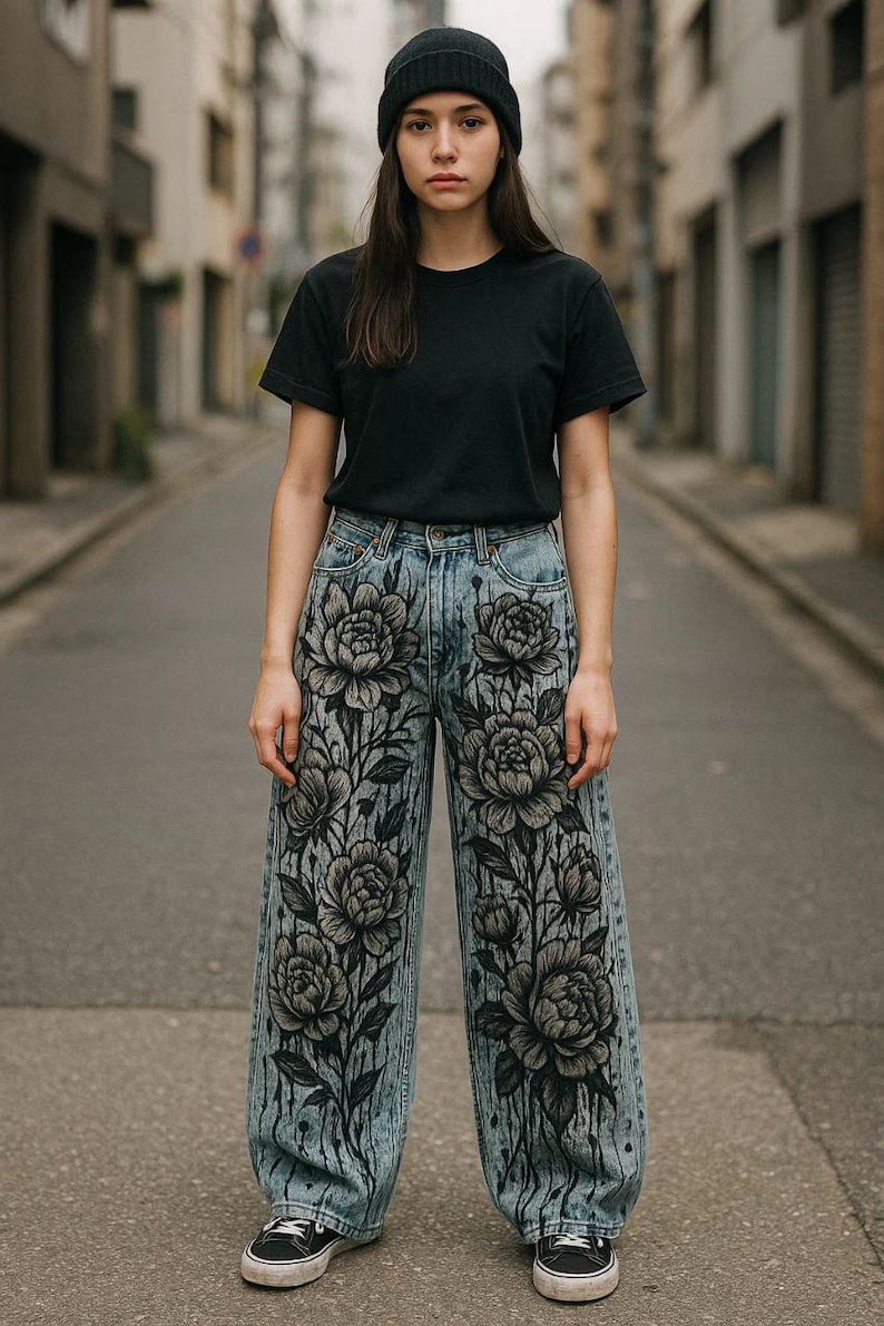 K&ouml;nnte beinhalten: Hellblaue Jeans mit gro&szlig;em Blumenmuster in Schwarz und Grau. Die Jeans hat einen weiten Bein-Schnitt und wird mit einem schwarzen T-Shirt und einer M&uuml;tze getragen.
